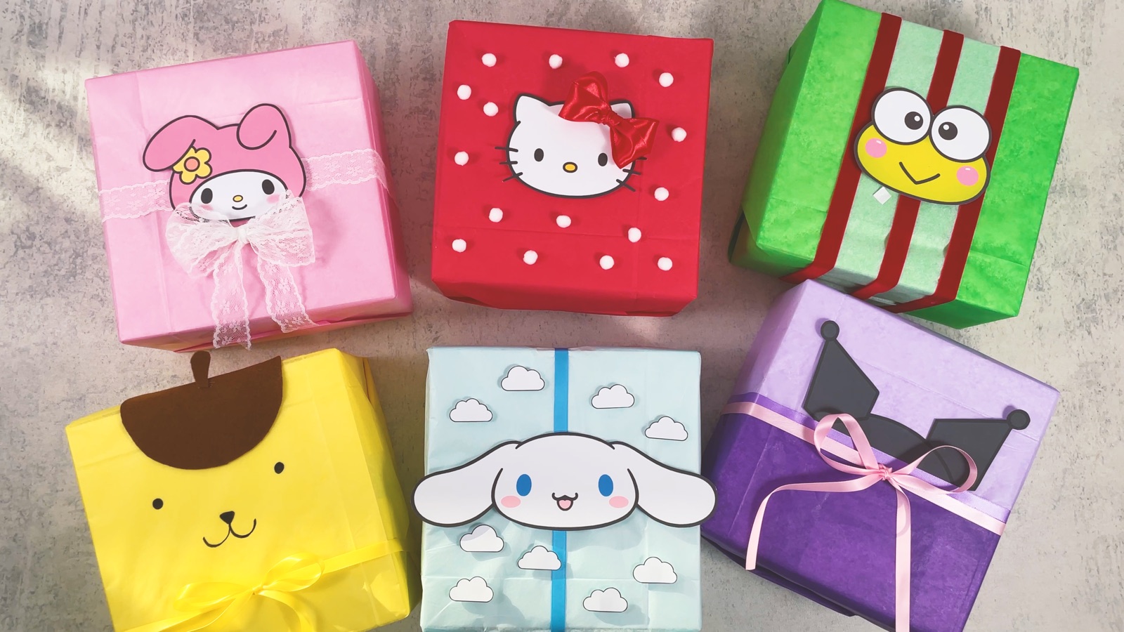 Seis cajas de regalo terminadas estilo Sanrio: My Melody, Hello Kitty, Keroppi, Pompompurin, Cinnamoroll y Kuromi