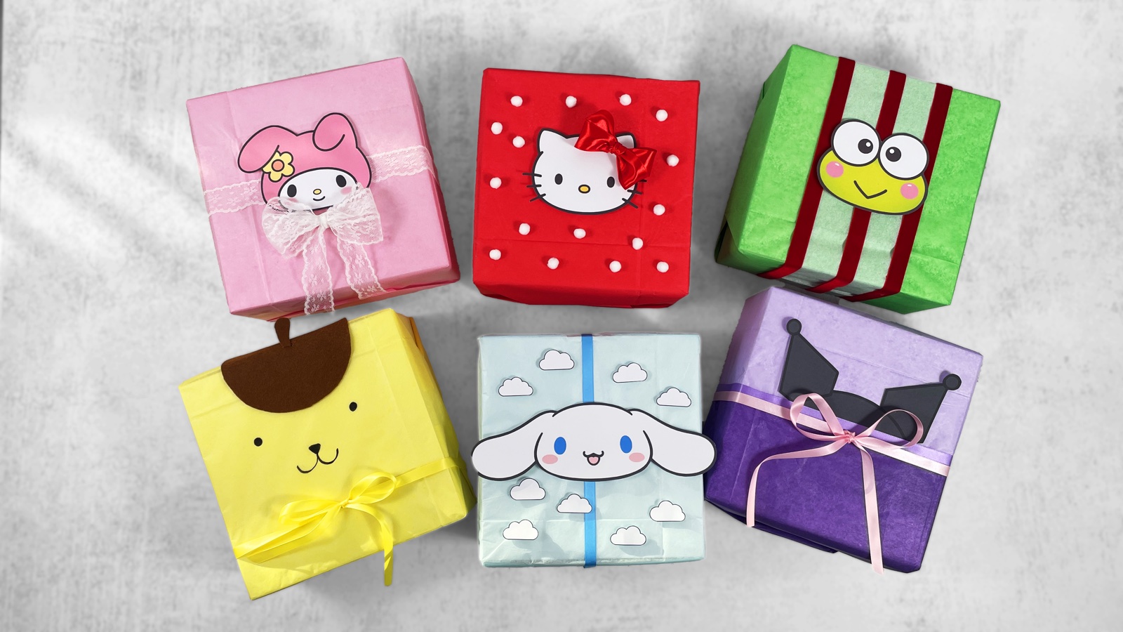 Six gift boxes wrapped as Sanrio characters