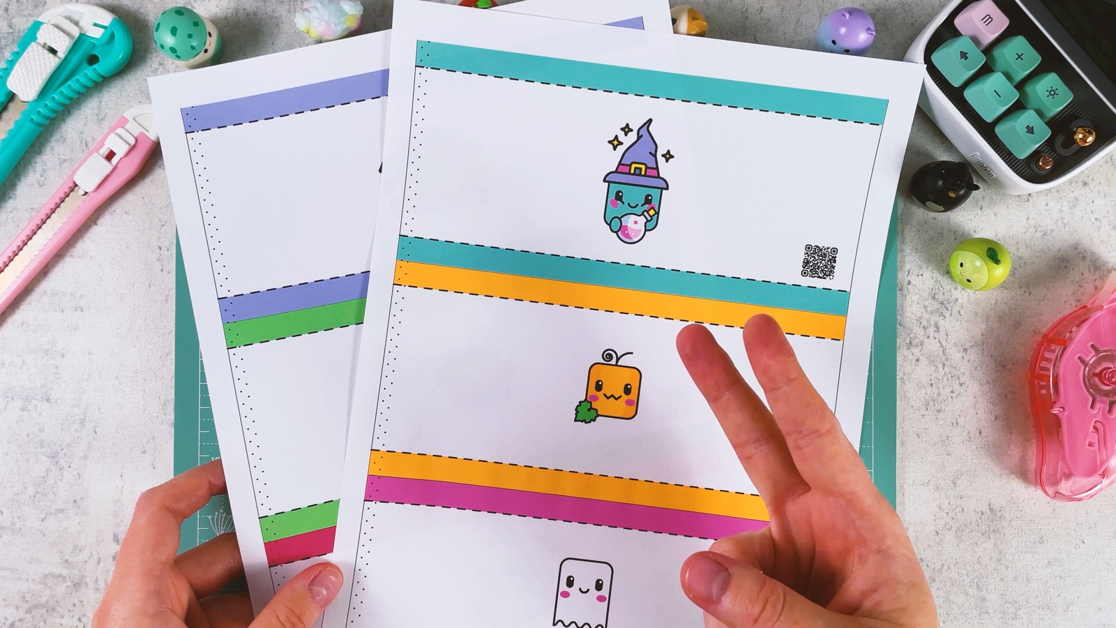 Two printed template sheets with candy bag strips, each with a character between two coloured bands