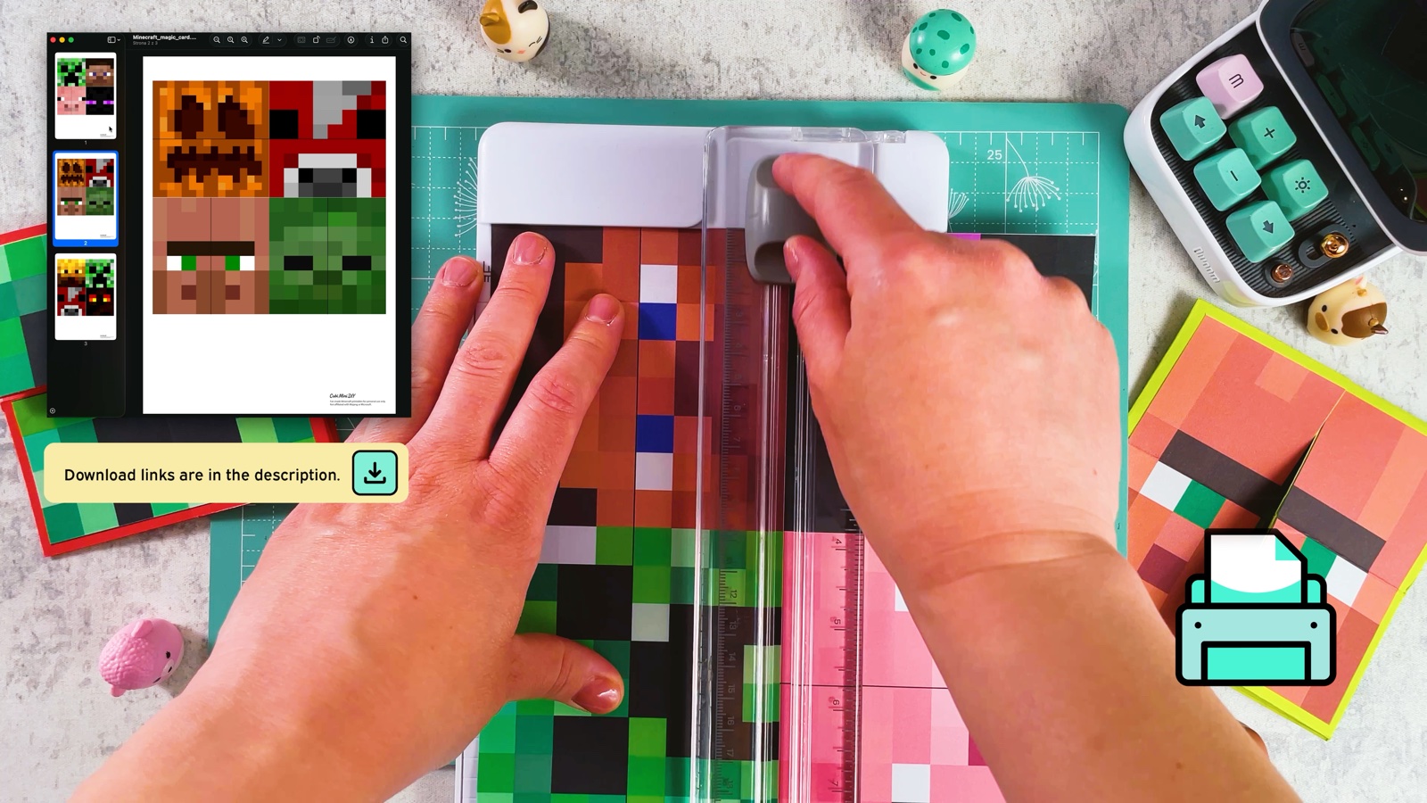 Cutting the printed Minecraft faces apart with a paper trimmer
