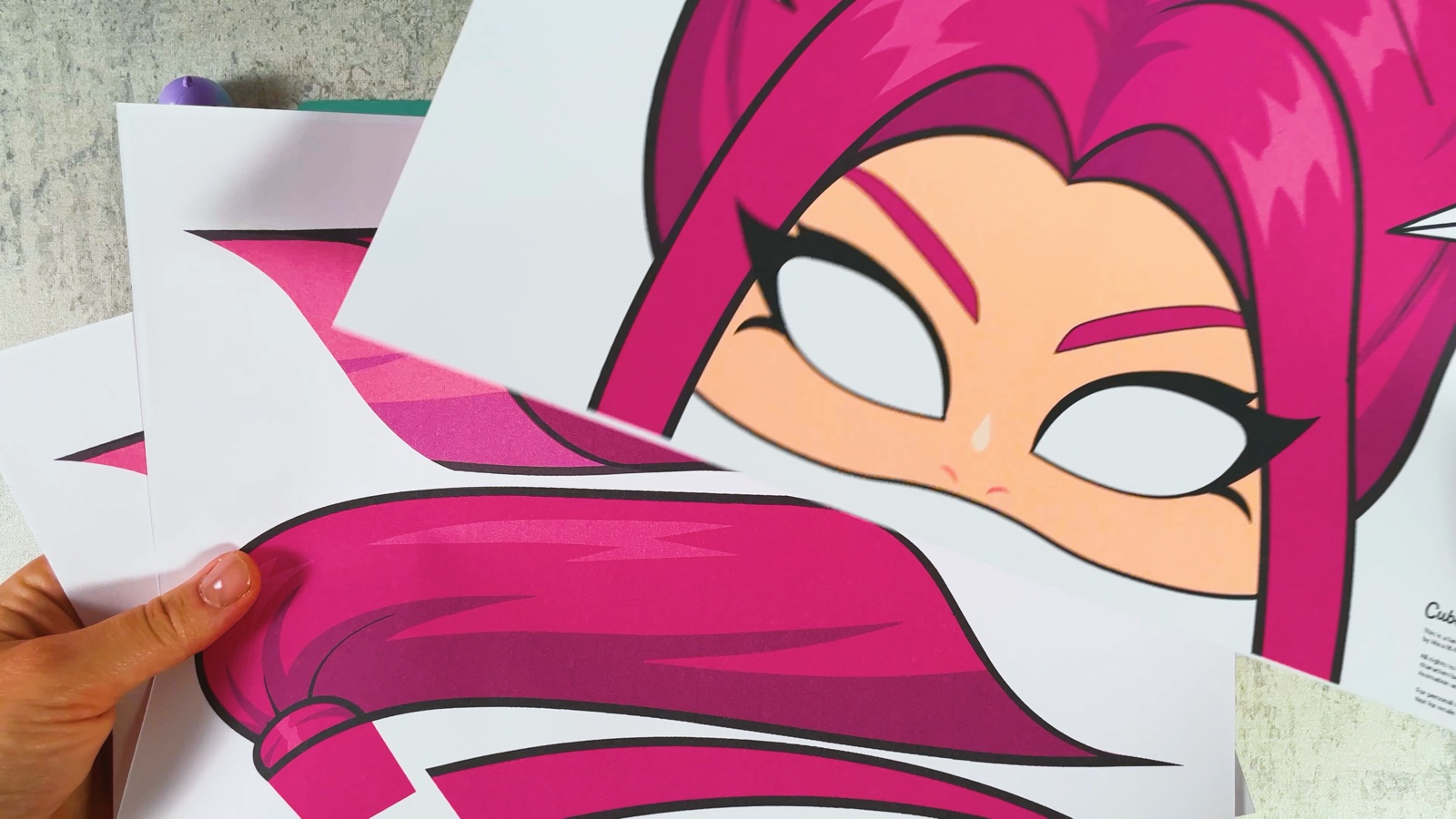 The printed template pages: Mira’s face with pink hair and the long pink ponytail pieces