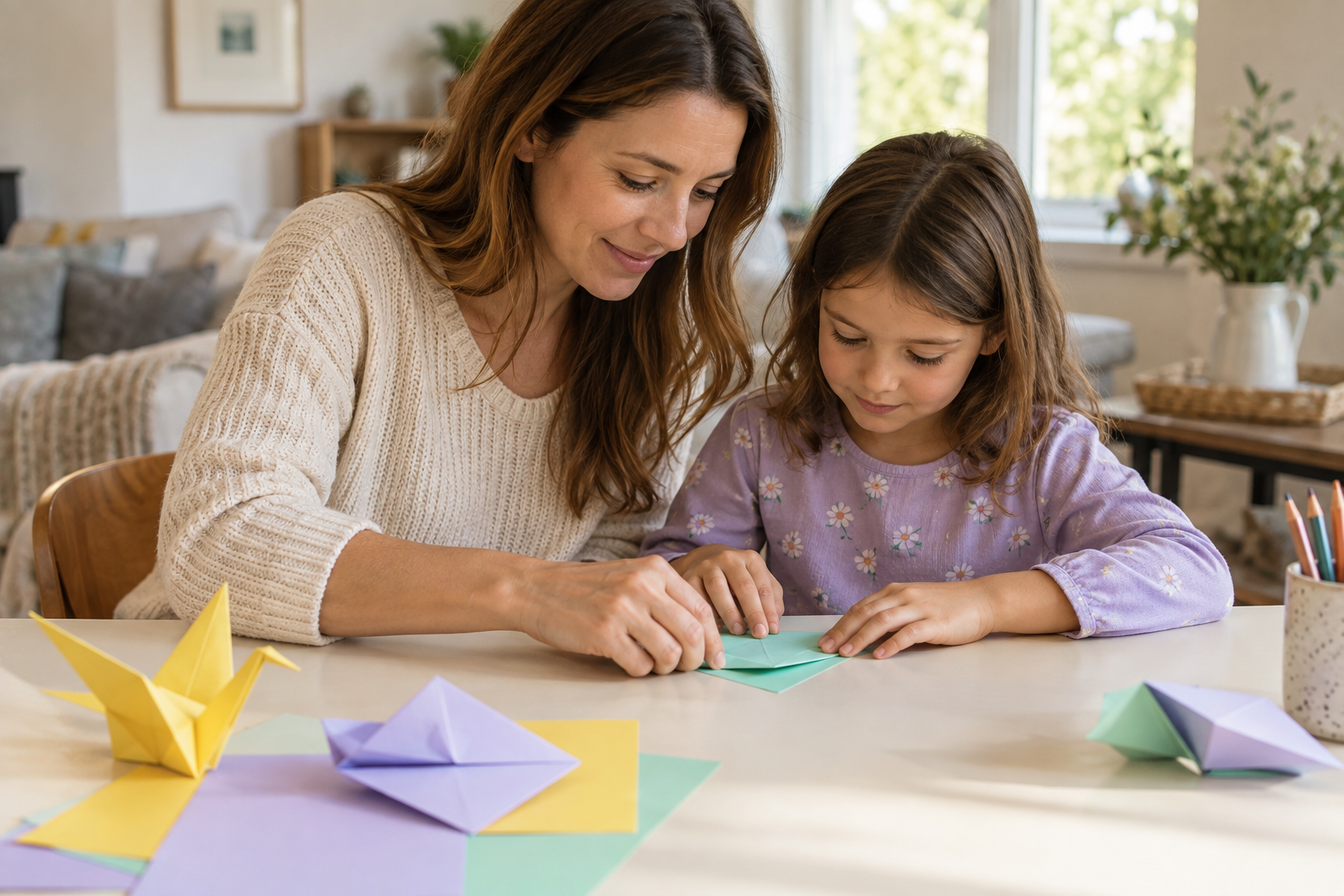 A parent and child folding paper together at a table