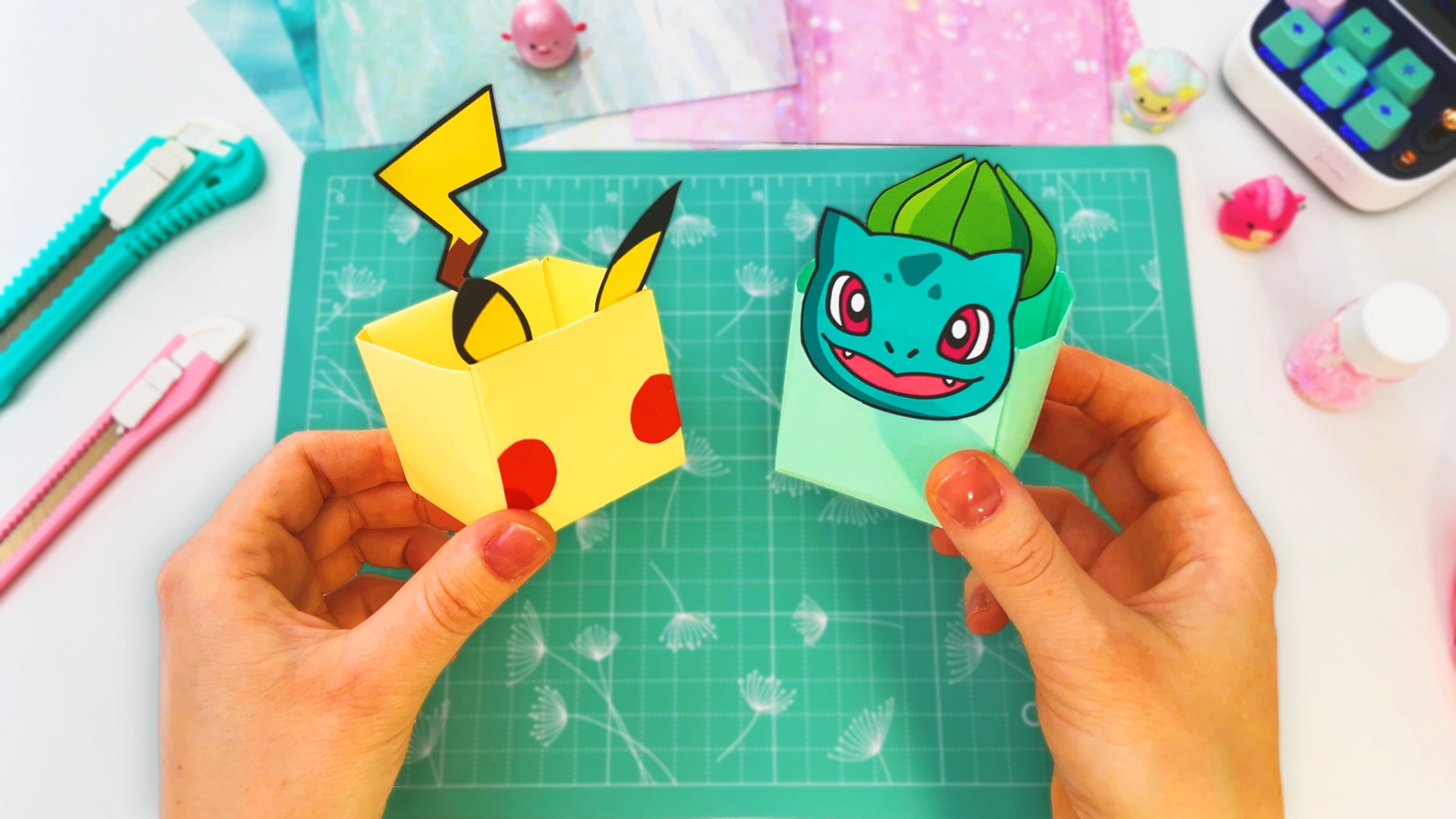 Finished Pikachu and Bulbasaur origami boxes