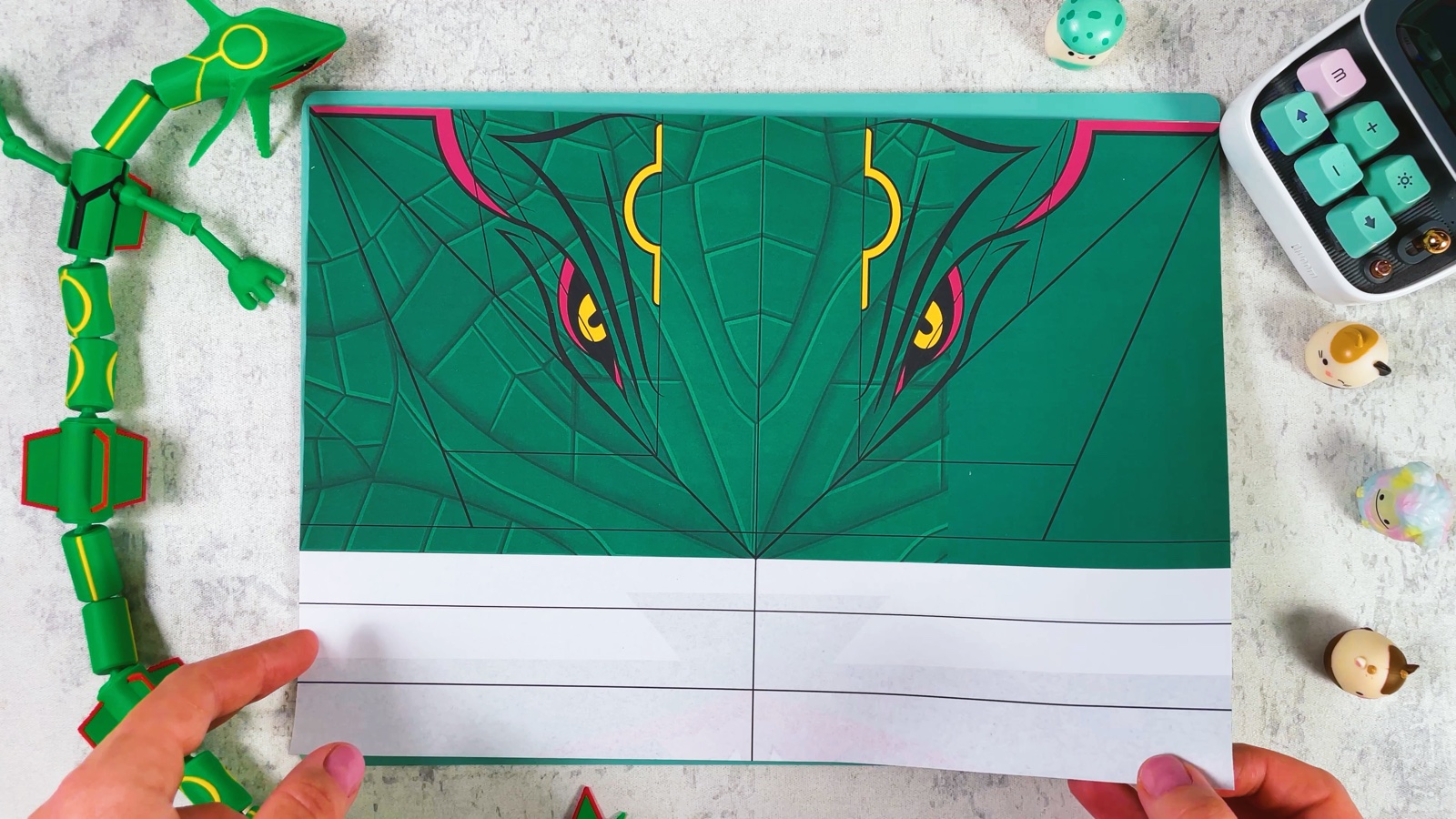 The printed Rayquaza sheet with two yellow-ringed eyes on green scales and a white strip along the bottom
