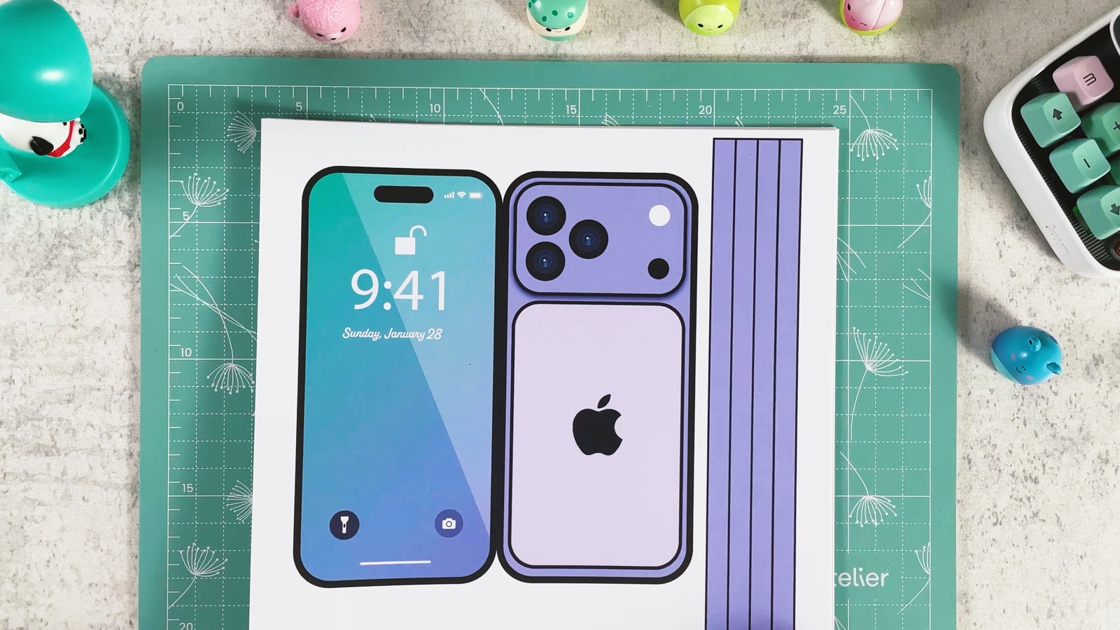 The printed page with the phone screen, the purple back and the side strips, on the cutting mat
