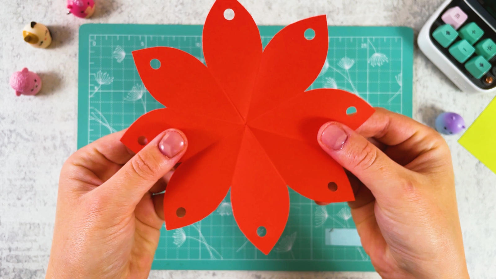 The red eight-petal flower with a small hole near the tip of each petal
